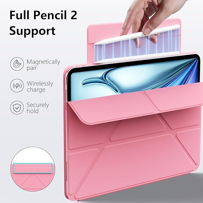 Case for iPad Air 13(M3 2025/M2 2024)&ampiPad Pro 12.9 (6th5th4th3rd Gen)Powerful Magnetic AttachmentSlim Trifold Stand CaseAuto Wake/SleepDurable Protection（Pink）