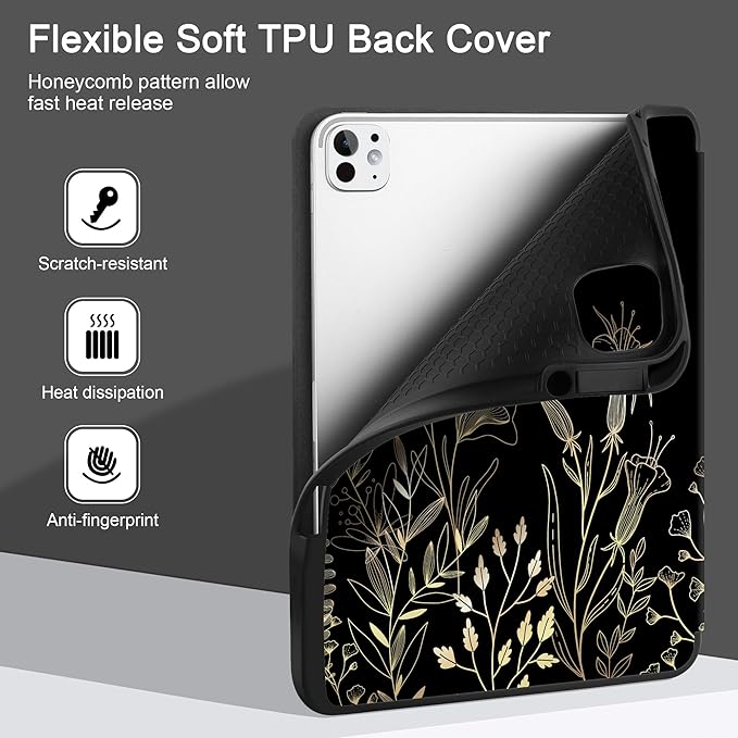 DONGKE Case for iPad Pro 13 inch (M5 2025 / M4 2024) – [Built-in Pencil Holder] Ultra Slim PU Leather Trifold Stand Cover with Soft TPU Back Auto Wake/Sleep - Floral Blooming