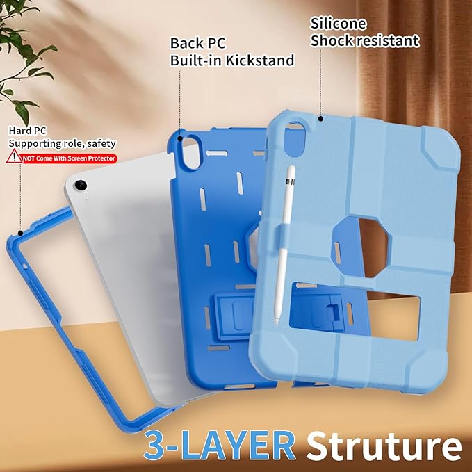 Case for iPad (A16) 11th Generation 11 Inch 2025 / iPad 10th Generation 10.9 Inch 2022 Rugged Heavy Duty Protective Cover [Built-in Pencil Holder ] for iPad 11/10 Gen (LightBlue)