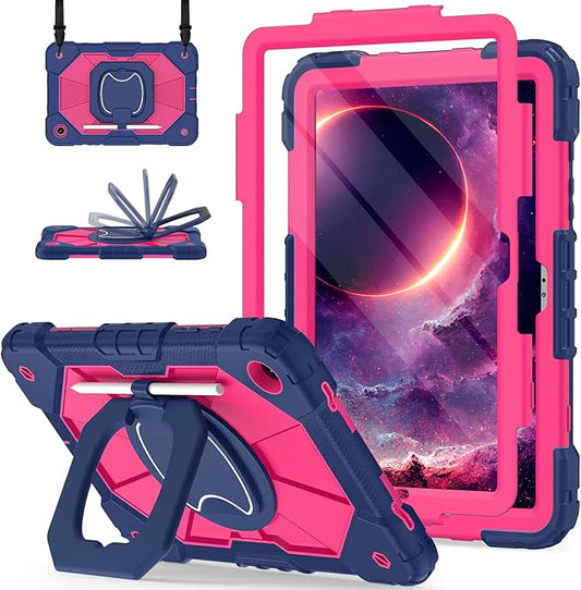 for Galaxy Tab A11+ Plus/A9+ Case 11” Rugged Case for Samsung Galaxy A11 Plus/ A9 Plus Tablet with 360 Rotating Stand Screen Protector Shoulder Strap Pen Holder 2025/2023 Model Navy Pink