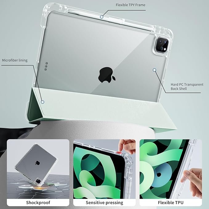 Case for iPad Air 13 Inch M3/M2 (2025/2024)iPad Pro 12.9 inch 2022/2021/2020 (6th/5th/4th Gen) | 2-in-1 Removable Clear Back Cover | Wireless Pencil Charging | Auto Sleep/WakeLight Green