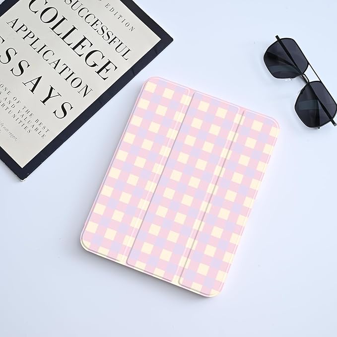 Cute Pink Case for 12.9 iPad Pro 6th/5th/4th/3rd Gen (2022/2021/2020/2018) Beige Lilac Grid Clear Hard Back Hybrid Casewith Pencil Holder Trifold Stand Slim Cover for Women