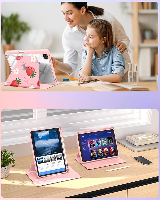 Kidcube for iPad Air 13 Inch Case M3 2025/M2 2024 for iPad Pro 12.9 Cases (2022/2021/2020/2018) - Women Girls Kids Cute Folio Cover with Pencil Holder Girly Strawberry Design Rotating Stand Pretty