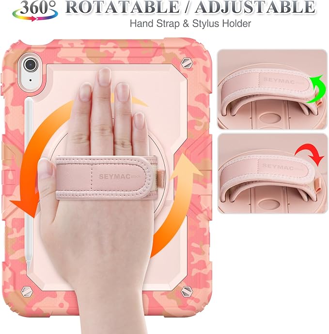 SEYMAC stock Case for iPad (A16) 11th/10th Generation 11''/10.9'' 2025/2022 Full-Body Drop Protection Case with Screen Protector &amp360° Rotate Hand Strap/Stand Camo Pink