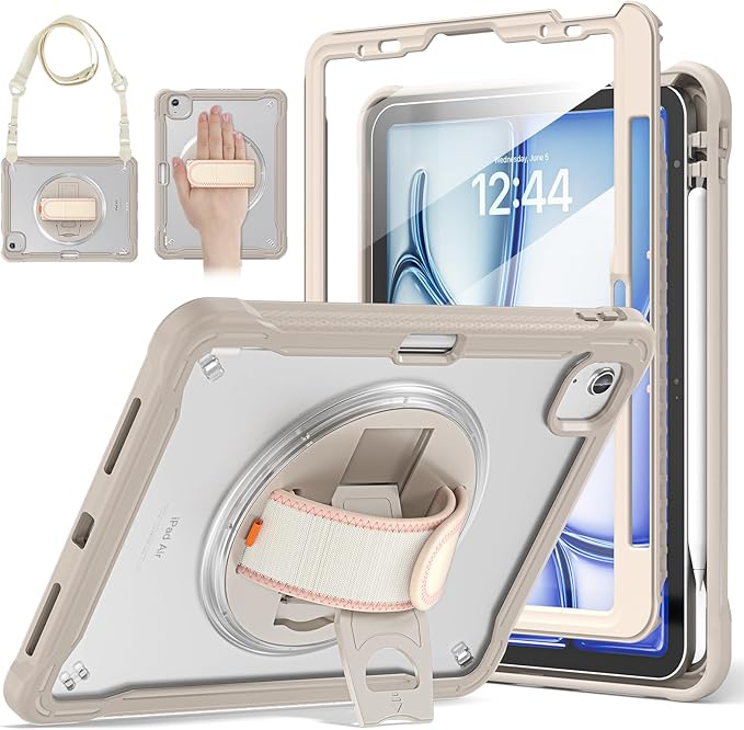 BRAECNstock Case for iPad Air 11-inch M4 2026/ M3 2025/ M2 2024 and Air 5th/4th Gen 10.9‘’ &amp Pro 11-inch 1st-4th 2018-2022 Kids Cover with Pencil HolderScreen ProtectorHandle Stand-Khaki