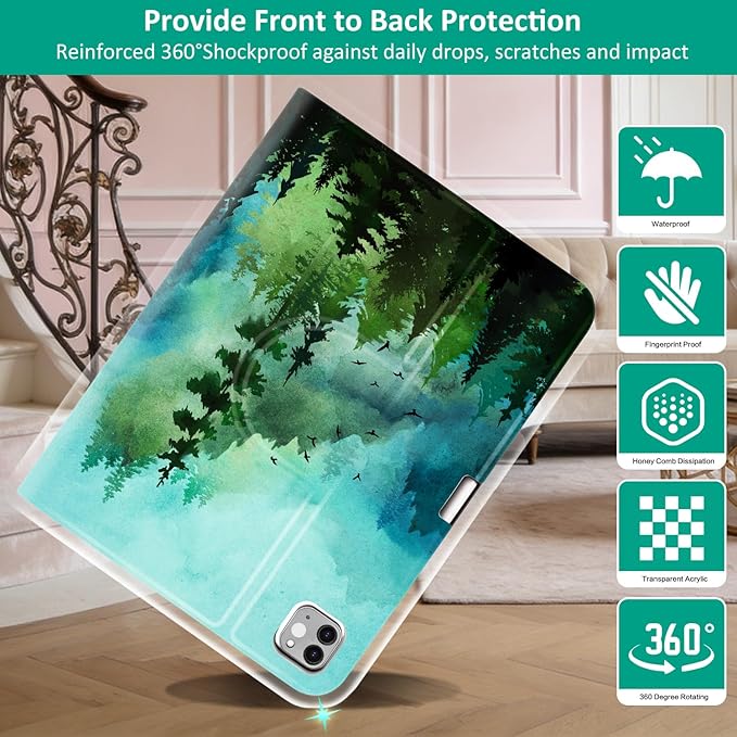 Lokigo Rotating Case for iPad Air 11“ M4/M3/M2 (2026/2025/2024) iPad Air 5th/4th Gen (2022/2020) 10.9” iPad Pro 11“ (4th/3rd/2nd/1st) 360 Degree Stand Cover with Pencil Holder Green Forest