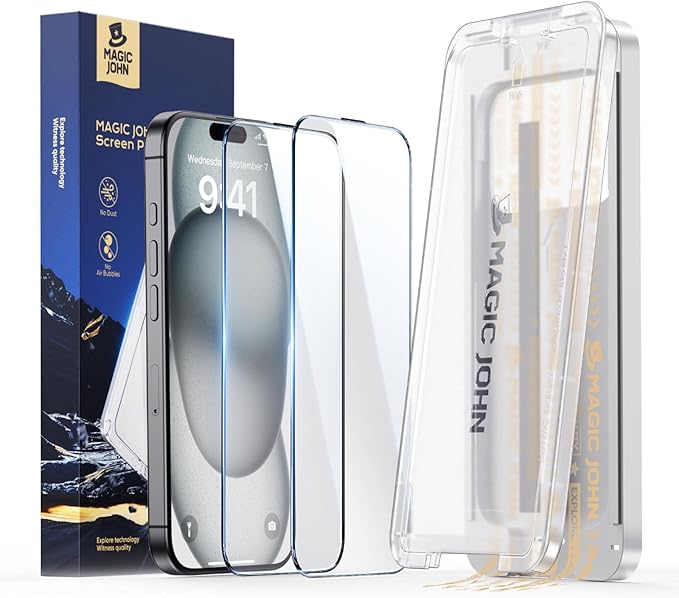 MAGIC JOHN 3rd Gen Upgraded for iPhone 15/iPhone 16 Screen Protector 6.1 Inch HD Clear Shatterproof Tempered Film Auto Dust-Elimination Bubble Free Easy Installation 2 Pack