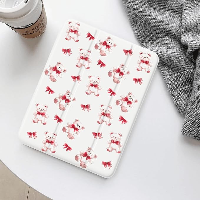 Cute Bear Red Bow for iPad Air 11 Inch Case M3 2025 7th /M2 2024 6th Gen[Pencil Holder+Auto Sleep/Wake]Slim Stand Soft Leather TPU Back Smart CoverWhite