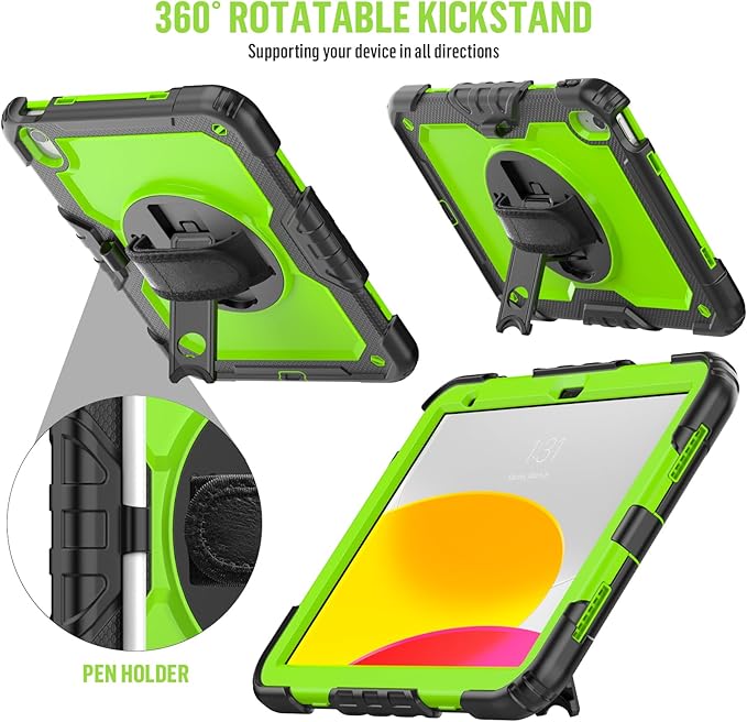 BLOSOMEET Case for iPad A16 11th/10th Generation 11''/10.9'' 2025/2022 with Tempered Glass Screen Protector &amp Pencil Holder Rugged Military Grade Cover w/Stand Hand Shoulder Strap Green