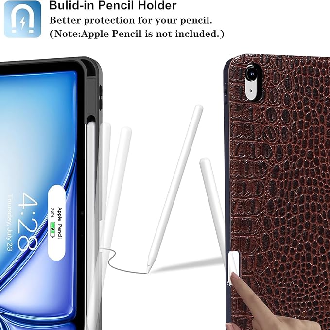 Gexmil Genuine Leather Case for iPad Pro 11 Inch (M5/M4) 2025/2024 with Pencil HolderProtective Shockproof Leather Smart Folio Cover Adjustable Stand Auto Sleep/Wake Anti-SlipBrown Crocodile