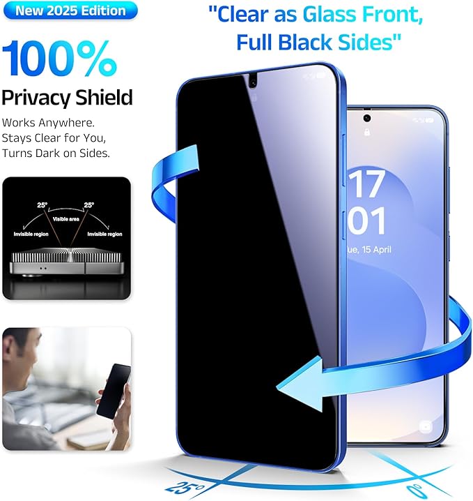 EZ-GLAZ-4 Pack for Galaxy S25/ S24 [6.2] Privacy Screen Protector 100% Fingerprint Unlock 9H+ Hardness Military Grade Shatterproof Long Durable Tempered Glass Film with Flawless Fit Box Scratch Re