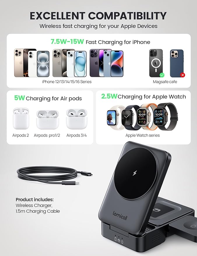 Lamicall Foldable 3 in 1 Wireless Charging Station for Apple MagSafe - [Upgraded Cooling &amp Reliability] Compact Travel Magnetic Charger Stand for iPhone 17 16 15 14 13 Pro Max AirPods Apple Watc