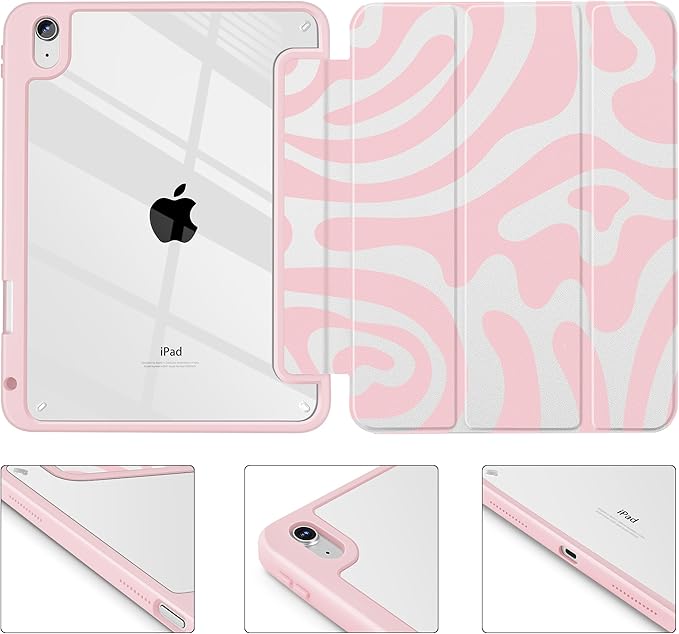 Tuiklol Case for iPad 11 inch (A16 Chip) 2025 Gen 11th / iPad 10.9 inch 2022 10th Gen Buit in Pencil Holder with Shockproof Cover Clear Transparent Back Shell Auto Wake/SleepPink-Waves