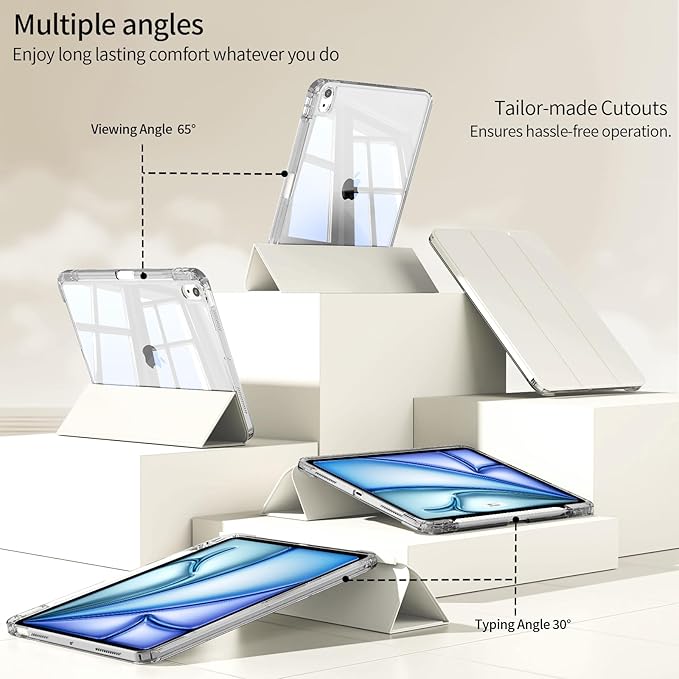 Case for iPad Air 11 inch M4/M3/M2 (2026/2025/2024) &amp iPad Air 5/4th Generation (2022/2020) 10.9 inch 2-in-1 Removable Hard PC Transparent Back with Pencil Holder Auto Sleep/Wake White Cream
