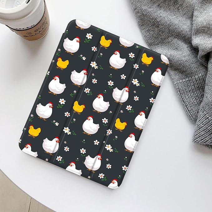 Girly Cute Hen Chicken Floral for iPad 6th/5th Gen Case 9.7 Inch (2018/2017)[Pencil Holder+Auto Sleep/Wake]Slim Stand Soft Leather TPU Back Smart CoverBlack