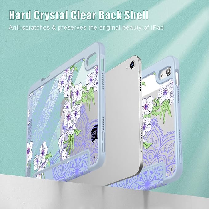Mektron Printed Case for iPad mini 7 (A17 Pro) 2024/ Mini 6 2021 iPad mini 7th/6th Generation 8.3-inch Liquid Retina Display Cover Buit in Pencil Holder with Clear Back Shell Blossom Sakura-Blue