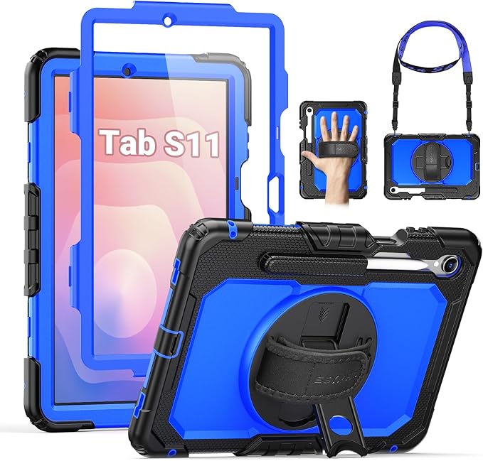 SEYMAC Case for Samsung Galaxy Tab S11 5G 2025 11 Inch Heavy Duty Shockproof Protective Case with Screen Protector 360° Rotating Stand Hand/Shoulder Strap and Pen Holder Dark Blue