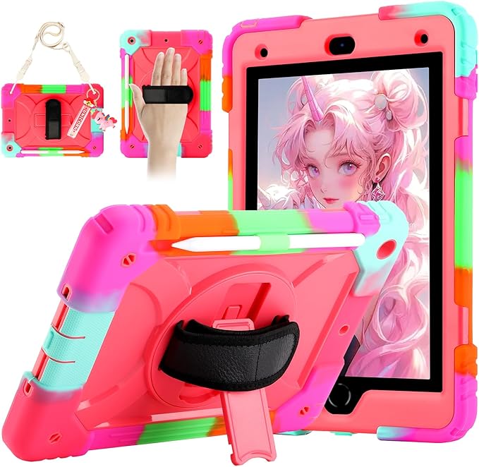 for iPad 9th/8th/7th Generation CaseiPad 10.2 Case 2021/2020/2019 with Cute Key Chain Rugged Protective Case with 360°Rotating Stand &amp Shoulder Hand Strap &amp Pen Slot for 10.2 Inch (Rainbow