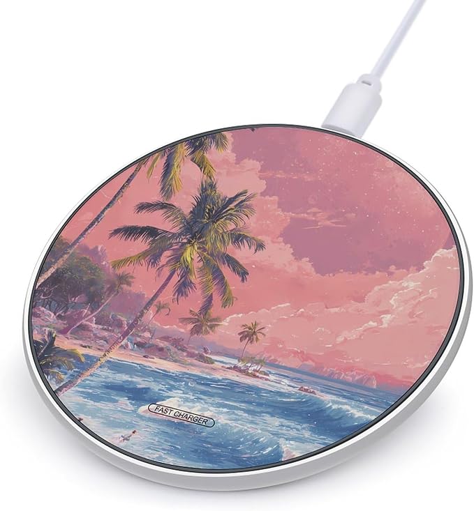 Dreamy Beach Palms Trees Sunset Fast Portable Charger 10W Funny Graphic Phone Charging Pad with USB Cable