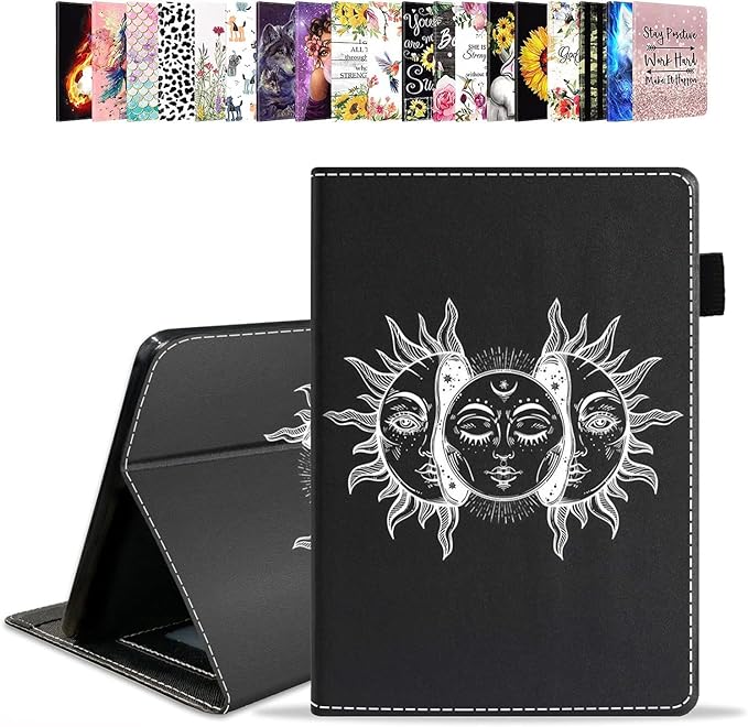 Case for All-New Kindle Fire 7 Tablet (7 12th Generation 2022 Release) Moon and Sun with Many Fractal Faces Celestial Energy Mystic Art PU Leather Folio Case with Smart Auto Wake/Sleep