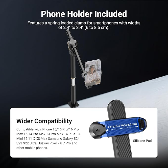 NEEWER Basics Overhead Phone Mount Holder Stand Metal Desk Tripod Camera Rig Compatible with iPhone Android Samsung for Cooking Makeup Drawing Vlogging Live Streaming Filming Video Recording ST013
