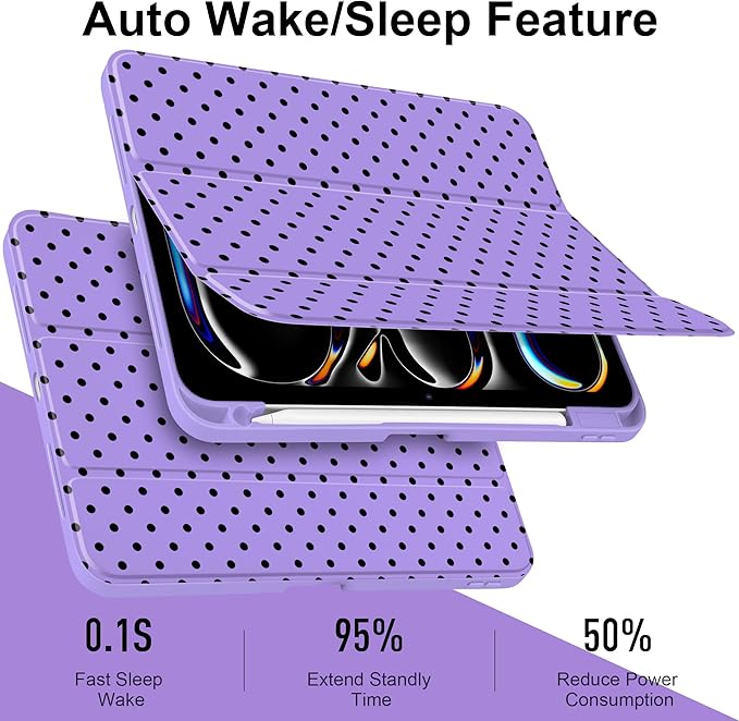 Case for iPad Pro 11 Inch (M5 2025 M4 2024) – [Built-in Pencil Holder] Shockproof &amp Stylish Clear Hard Back + Soft TPU Edge Magnetic Trifold Stand Auto Wake/Sleep Purple Polka dot
