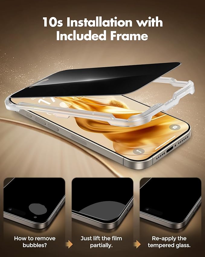 UNBREAKcable Privacy Screen Protector for iPhone 16 Pro Max Full Coverage Shatterproof Tempered Glass[True 28°Anti Spy][9H Hardness][Easy Installation Frame]2-Pack Private Screen for iPhone 16 ProMax