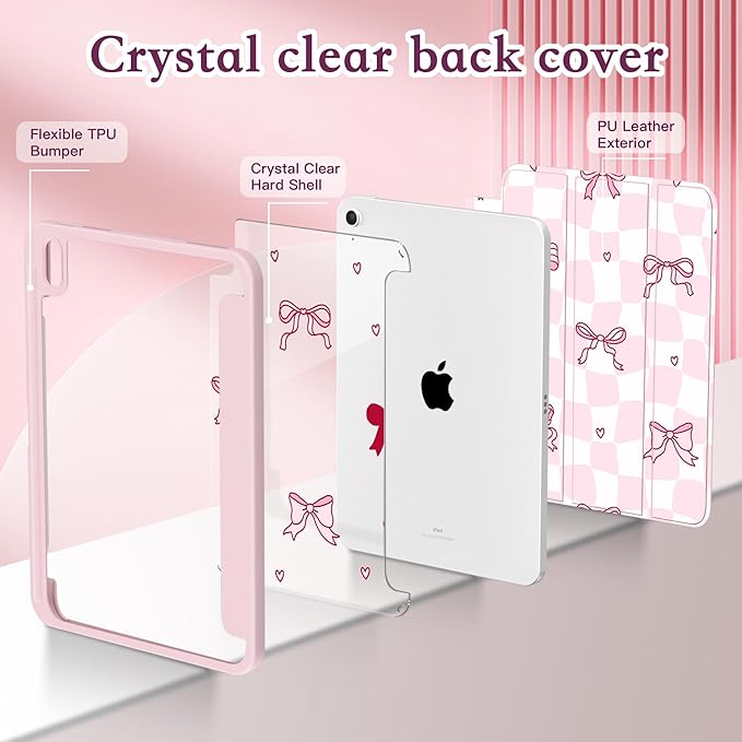CISSOOK Case for iPad 11 inch (A16) 2025/10.9 inch iPad 10th Generation 2022 Buit in Pencil Holder Shockproof Cover Clear Back Shell Auto Wake/Sleep Bow Pink