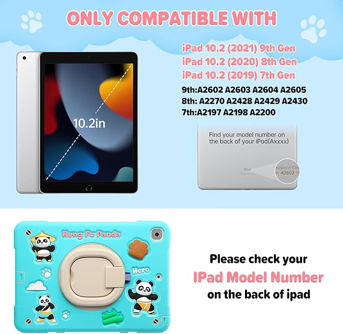 Case for iPad 9th/8th/7th GenerationCute 3D Cool Panda Warrior Design Cover with Screen Protector Rugged Protective Cartoon Case with Stand/Strap/Pen Slot for iPad 10.2 Kids Teens (Mint+White)