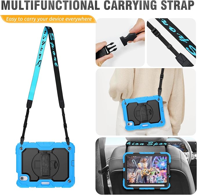 HXCASEAC Case for iPad mini 7 (A17 Pro) / iPad mini 6 Case 8.3 inch Full Body Protective with Pencil Holder Carrying Strap Hand Strap Protector Rotating Stand A2995 A2993 A2567 A2568 Light Blue