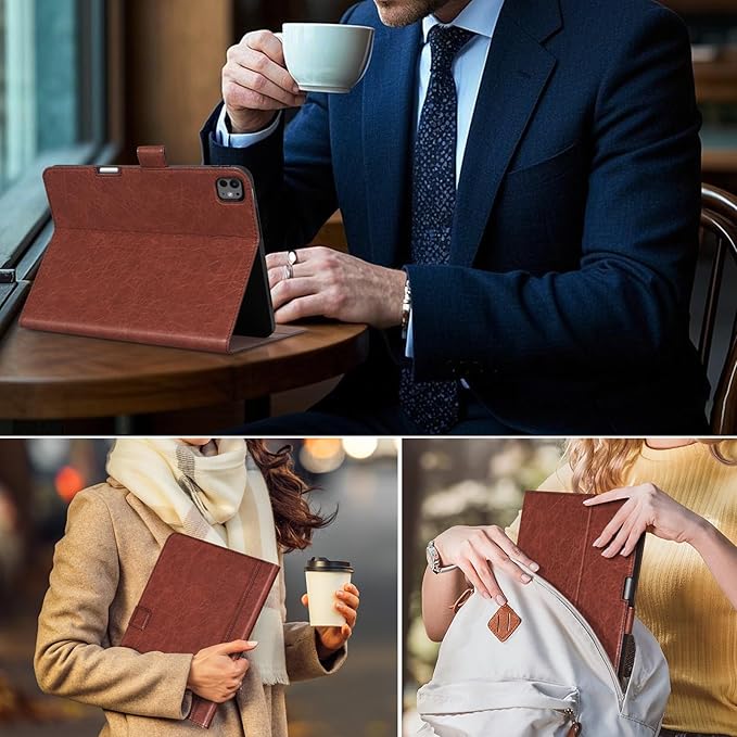 Genuine Leather Case for iPad Pro 13 Inch M5 2025 / M4 2024 Premium Folio Cover with Pencil Holder Auto Wake/Sleep &amp Adjustable Stand - Vintage Red Brown
