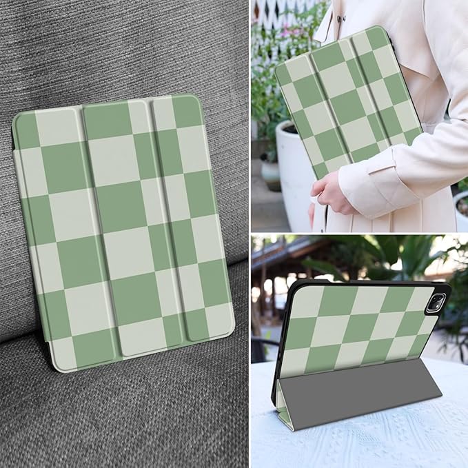 MEEgoodo for iPad Pro 12.9 Case M2 6th/5th/4th/3rd Generation 2022 2021 2020 2018 with Pencil Holder Tablet Cover with Soft TPU Back Shell Green Checkered