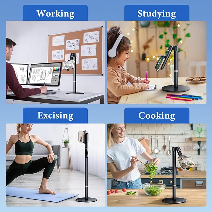 Angle Height Adjustable Phone Holder for Desk [10-25] - Retractable Cell Phone Holder for Video Recording Cooking Excising Working Reading -Aluminum iPhone 17 16 15 14 Pro Max Air Stand