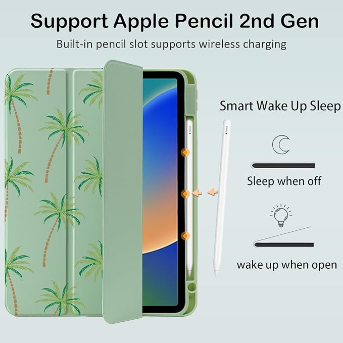 Cute Palm Tree for iPad Air 11 Inch Case 7th/6th Generation (M3/M2) 2025/2024 with Pencil Holder Auto Sleep/Wake Green Leather Clear Acrylic Back Cover