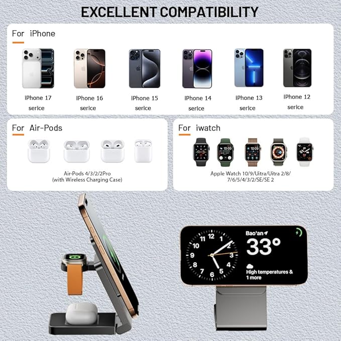3 in 1 Charging Stationfor Apple Magsafe Charger Station Auto-Pop Watch CradleUp-Down Sliding Design Wireless Charging Station for iPhone 17/16/15/14/13/12&ampApple Watch Series/Airpods