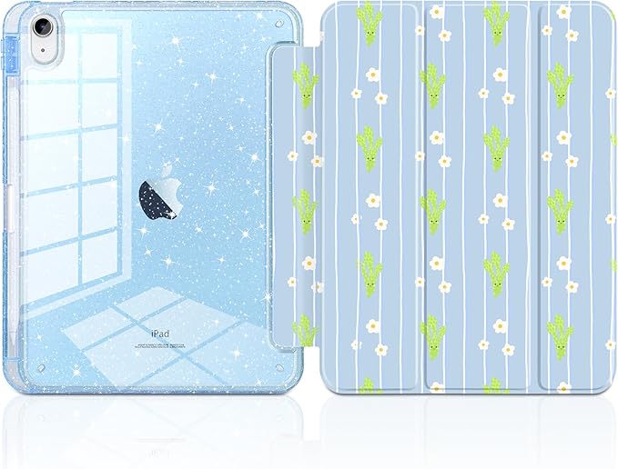 MEEgoodo Case for iPad A16 11th Generation 2025/10th Generation 2022 Glitter Tablet Cases with Transparent Acrylic Back+Trifold Stand +Pencil Holder+Auto Wake/SleepCute &amp Cheerful Asparagus