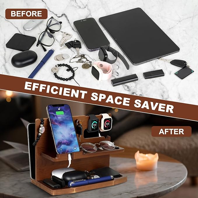 Gifts for Men Desk or Nightstand Organizer - Wood Phone Docking Station - Birthday Gifts for Husband Fathers Day for Dad - Anniversary Idea from Wife - Key Holder Stand Wallet Watch &amp Essential