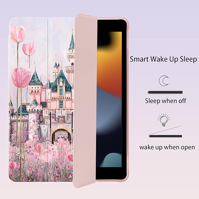Cute Flower Castle for iPad Air 3 Case with Pencil Holder Auto Sleep/Wake Pink Leather Soft TPU Back Cover for iPad Pro 10.5 Inch 2017