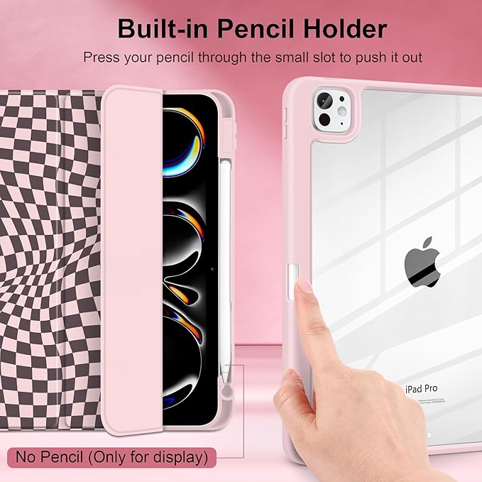 Case for iPad Pro 13 inch (M5) 2025 (M4) 2024 Release with Pencil Holder - Aesthetic Cute Design Trifold Cover with Soft TPU Bumper Clear Back Auto Sleep/Wake for Girls Women Abstract lattice