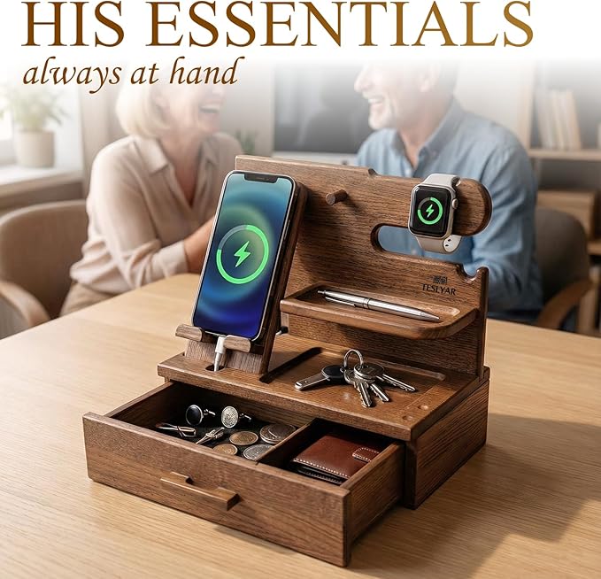 TESLYAR Wood Phone Docking Station with Drawer - Nightstand Organizer - Desk Organizer for Husband - Birthday Gifts for Men Dad Anniversary Idea Key Holder Stand Watch &amp Accessories (Antique Br