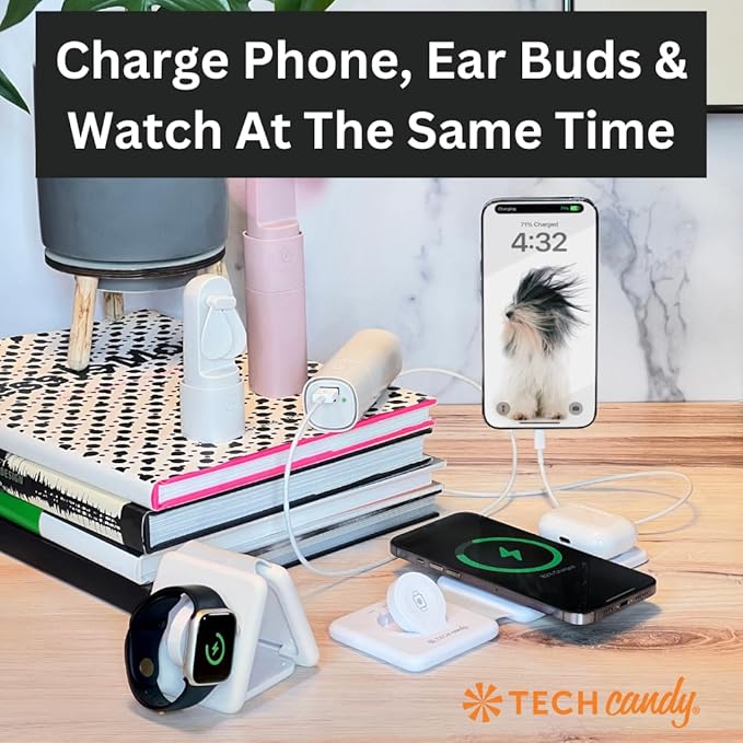 Tech Candy The Three Way Charging Valet Wireless Charging Pad - Charge 3 Devices at Once Compact Qi Charger for Travel Foldable 20W Fast for Phones Ear Buds Smart Watches