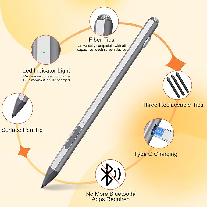 Microsoft Surface Pen Stylus Pro USB-C Fast ChargeSurface Active Stylus 4096 Pressure SensitivityCompatible with Surface Pro11/10/9/8/X/7/6/5/4/3Surface Go4/3/2/1Surface Book/Laptop/Studio