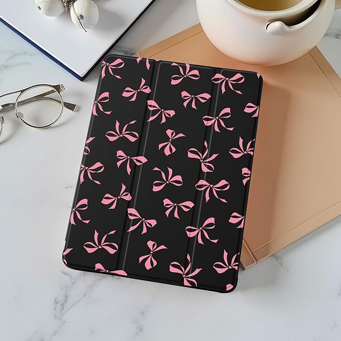 Idocolors Cute Pink Bow Case for 10.2 iPad 7th/8th/9th Generation Tri-Fold Tablet Case with Auto Wake/Sleep &amp Pencil Holder - Vibrant Protective Cover for Women Girls and Teens (Black)
