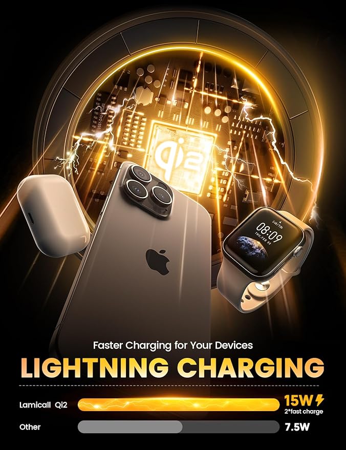 Lamicall 4-in-1 Qi2 Certified Wireless Charging Station for Magsafe [LED Night Light] 15W Fast Magnetic Charger Stand Gifts Compatible for iPhone 17 16 15 14 13 Series Watch Air pods 30W Adapter