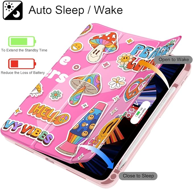 Case for iPad (A16) 11th Generation 11 Inch (2025) iPad 10th Generation 10.9 Inch (2022) Shockproof Cover with Clear Transparent Back Shell &amp Pencil Holder Groovy Hippie Stickers