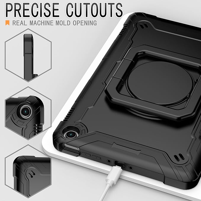 Case for Amazon Fire Max 11 inch Tablet (13th Generation 2023 Release) Hybrid Shockproof 360 Rotating Multi-Functional Ring Stand Case with Shoulder Straps (Black/Black)
