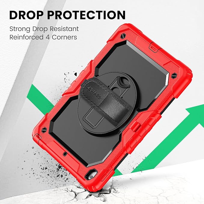 SEYMAC for iPad 9th/8th/7th Generation Case 10.2 2021-2019 Full-Body Shockproof Heavy Duty Protective Case with Screen Protector 360° Rotating Stand/Handle/Shoulder Strap for iPad 10.2 Inch Red