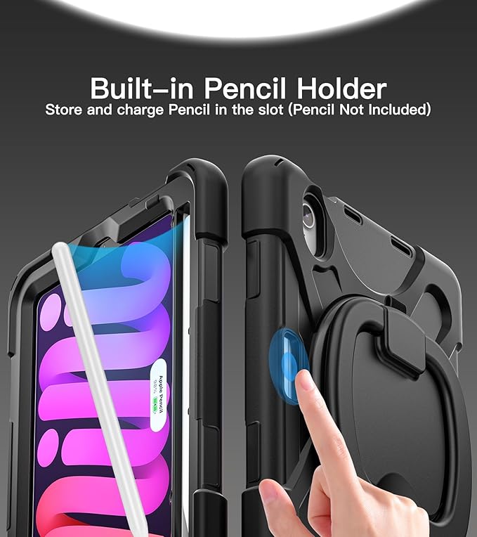 BATYUE Case for iPad mini 7 A17 Pro 2024/iPad Mini 6 2021 8.3 Inch with Pencil Holder 360 Rotating Stand Shoulder Strap Handle Grip Shockproof Rugged Case for iPad mini 7th/6th Gen Black