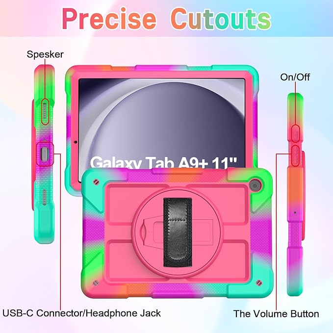 AVAWO Case for Samsung Galaxy Tab A9+ Plus 11 inch 2023 with 360° Swivel Handle Strap Cover with Lanyard Colorful Rose