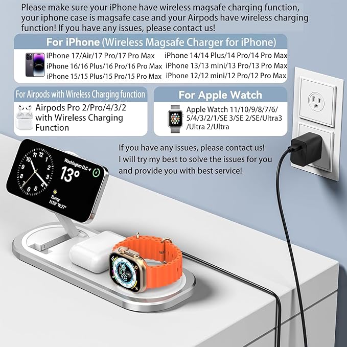 3 in 1 Fast Wireless Charger Stand for iPhone Foldable Travel Charging Station for Magsafe for iPhone 17/Air/16/15/14/13/12 Series Apple Watch Series AirPods pro/2/3/4 Gifts for Women Men (Silver)